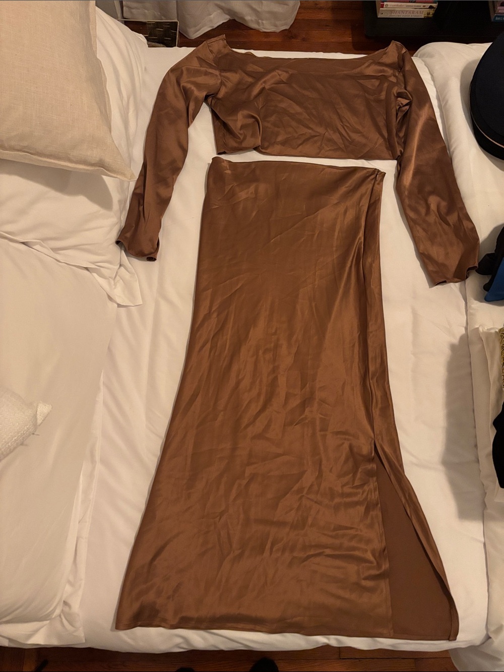 Brown Satin Long Sleeve Two-Piece Maxi Dress